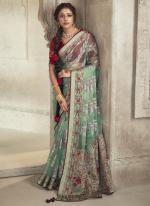 Organza Brasso Aqua Blue Festival Wear Digital Printed Saree